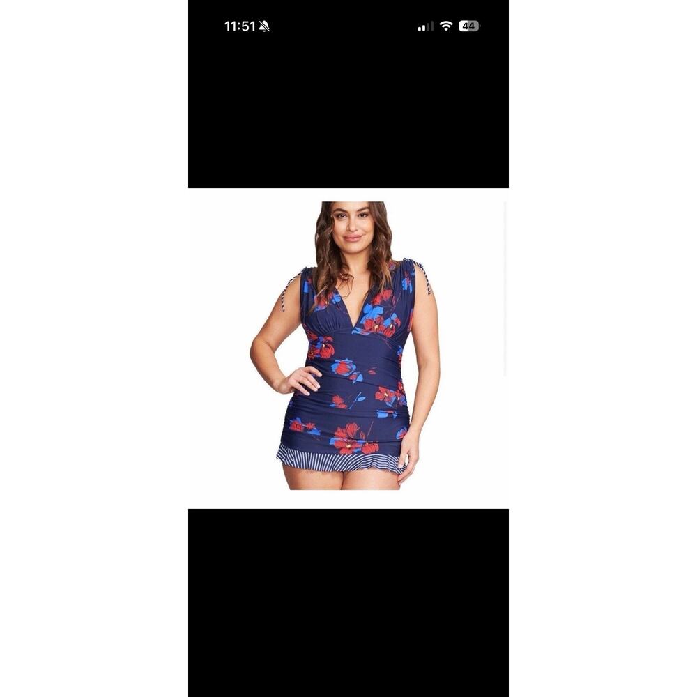 Mazu Swim Navy Floral Swimdress One Piece Swimsuit V-Neck Ruched Size 14